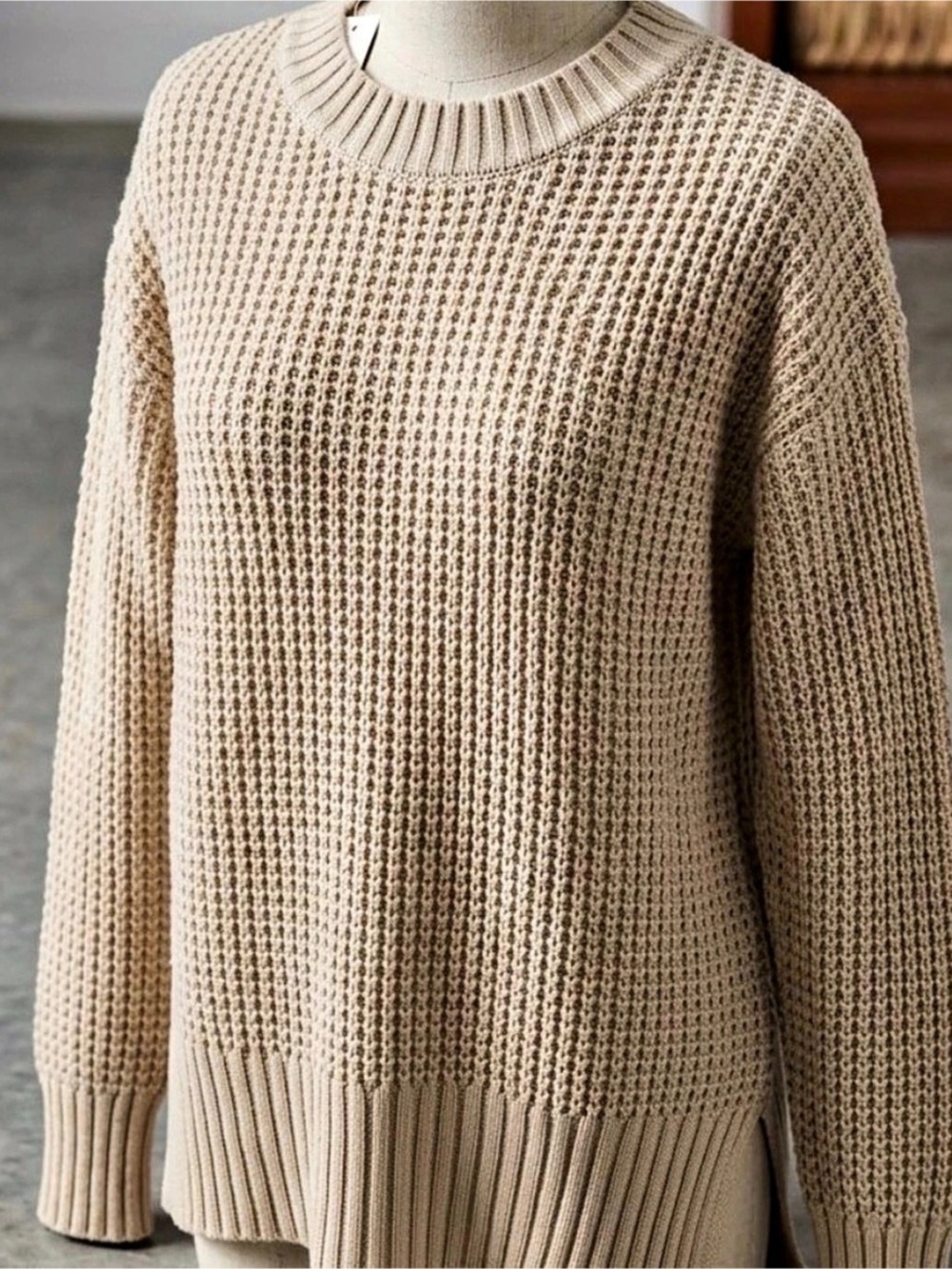 Pink Rose Waffle Knit Crewneck Sweater Beige Medium